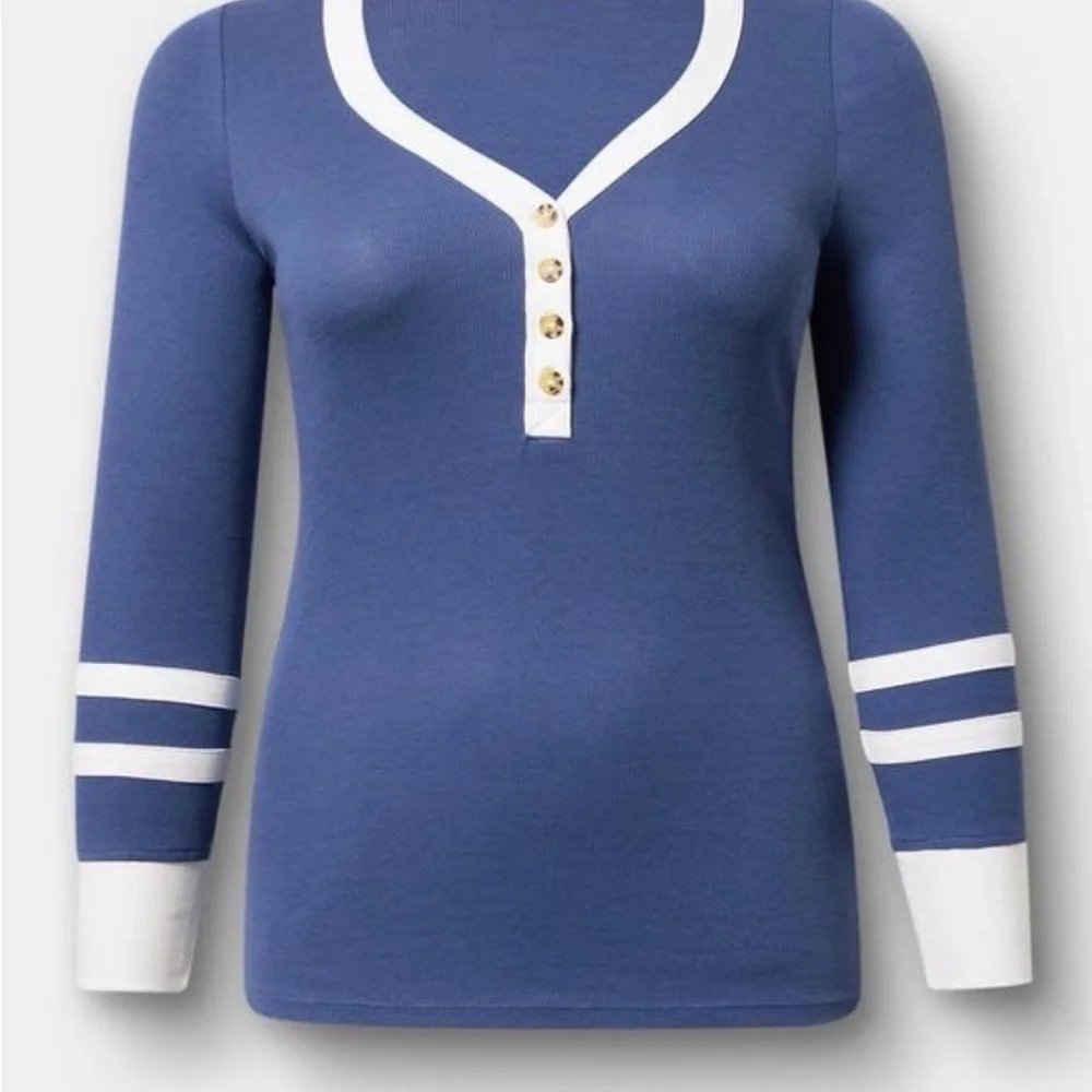Torrid NWT Blue and White Ribbed Henley Varsity Long Sleeve Top - Picture 6 of 9